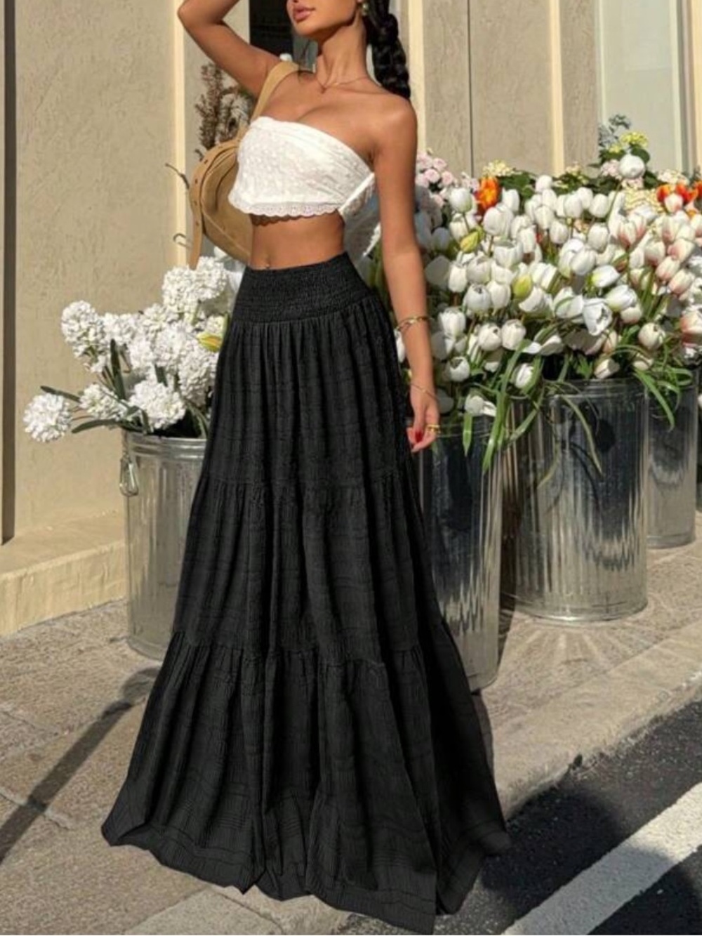 Boho Plus Size Smocked Waist Tiered Maxi Skirt Black